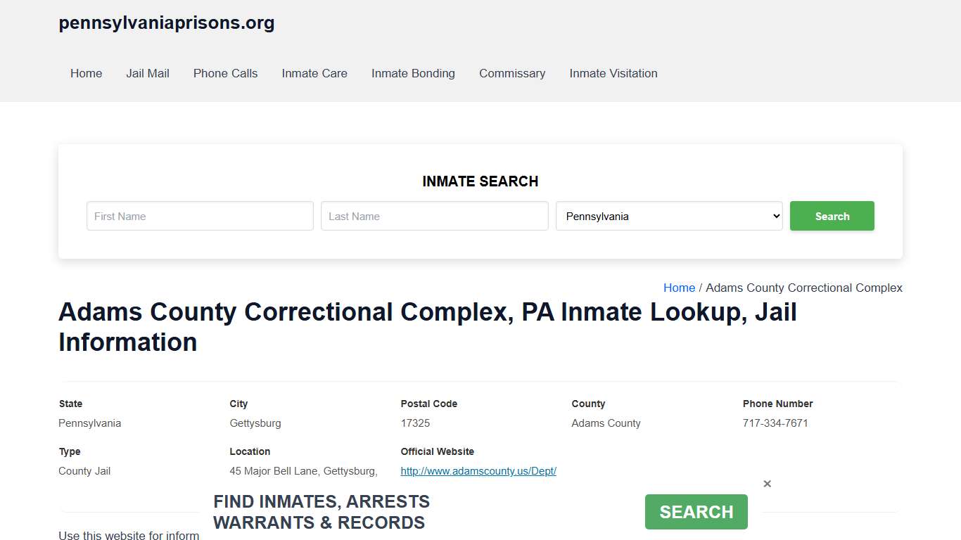 Adams County Correctional Complex, PA - Offender Locator, Contacts, Inmate Info